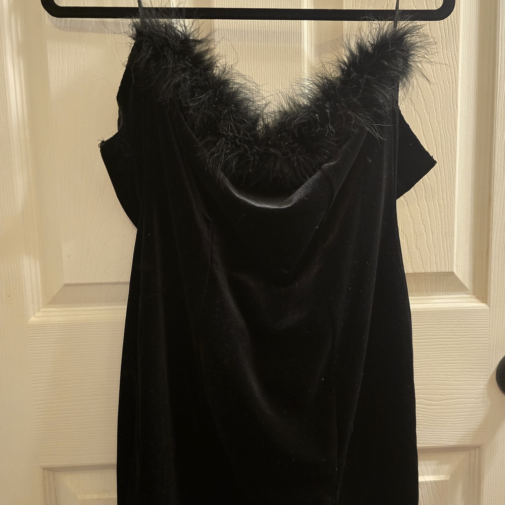 Black Velvet Dress with Feather Trim